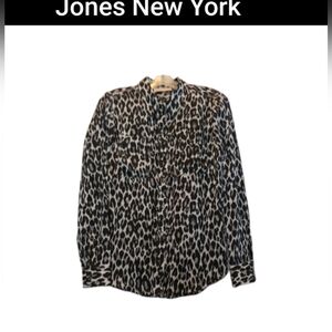 JONES NEW YORK SIGNATURE Womens Leopard Print Button Up Blouse L Gray/Silver Bla
